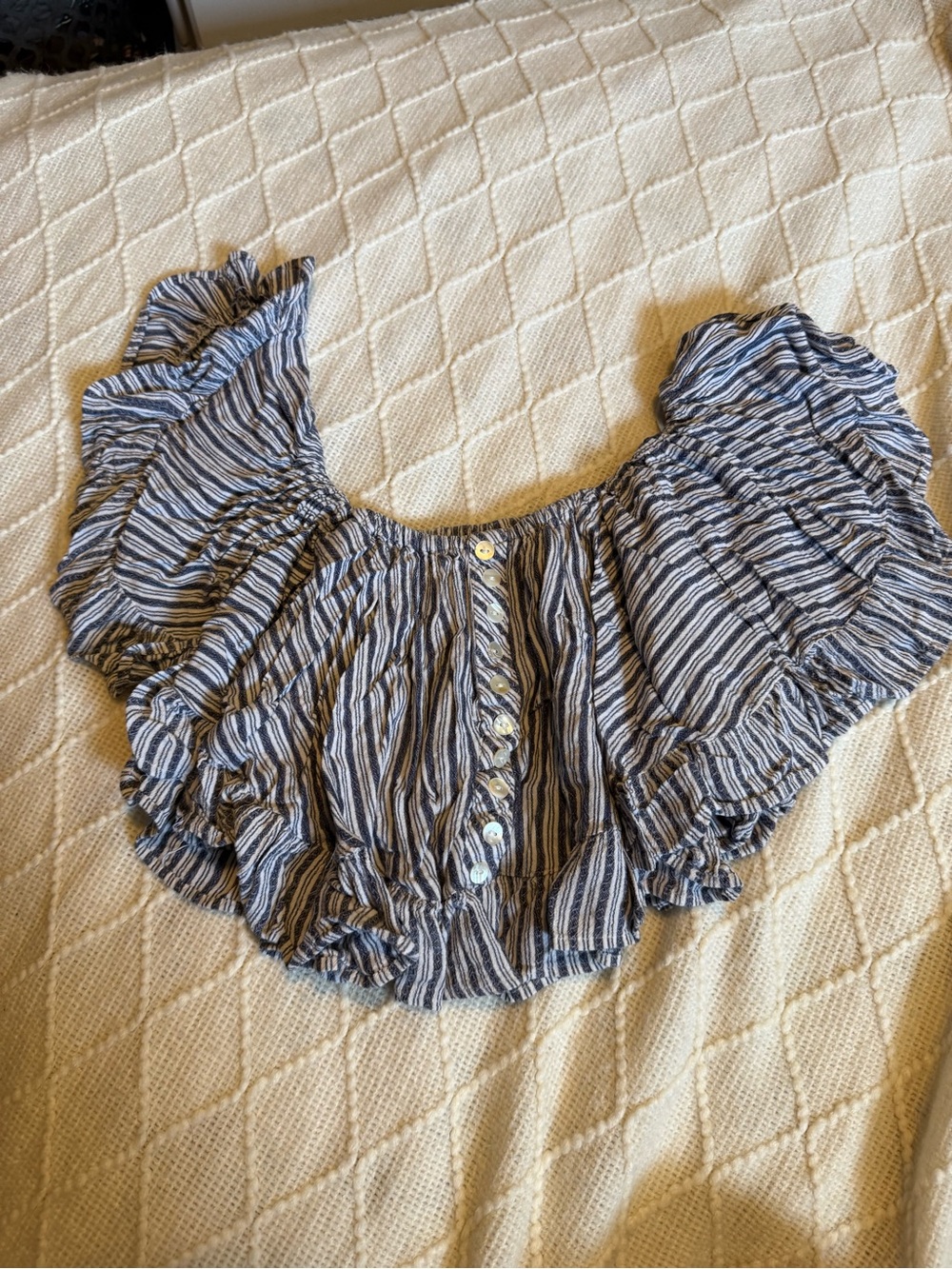Angie Blue and White Striped Off-Shoulder Ruffle Crop Top